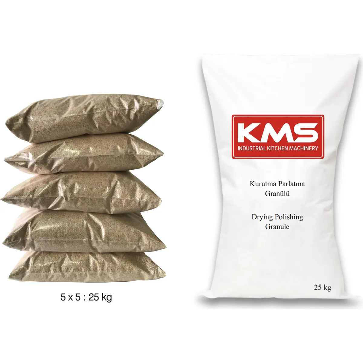 KMS kurutma ve parlatma granülü 25 kg çuval ve 5 kg paketler